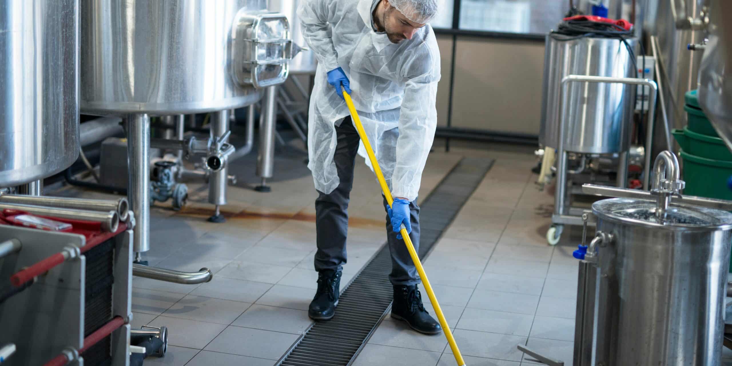 Man cleaning a room where water tanks are.